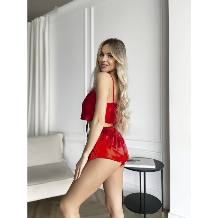 Litae Kırmızı İnce Askılı Saten Şortlu Takım