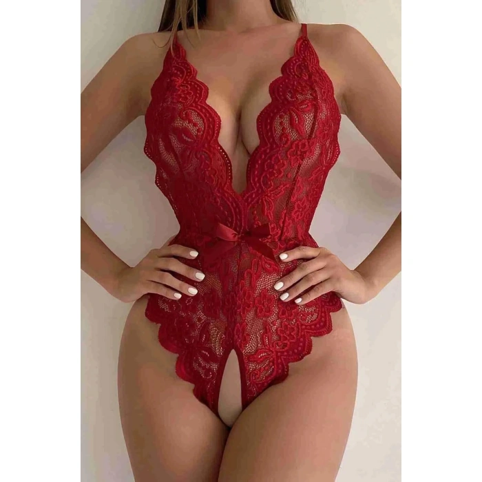 HERŞEYTREND  Kırmızı Özel Bölgesi Açık Fiyonklu Dantel Fantezi Body