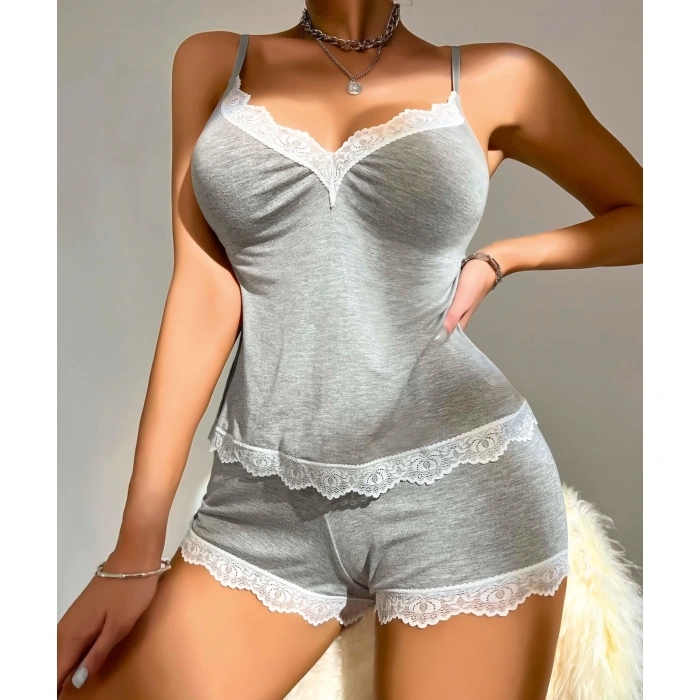 Litae Pamuklu Dantel İşlemeli Gri Askılı Şortlu Pijama Takımı