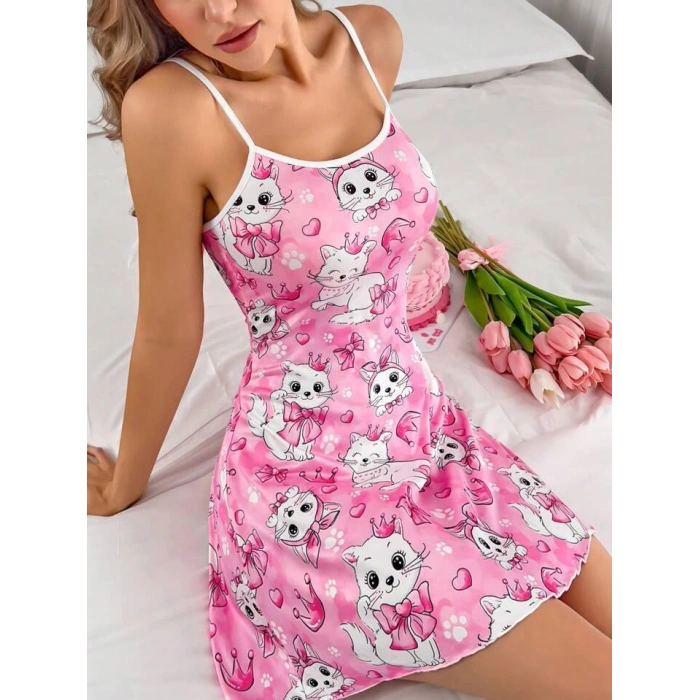 HERŞEYTREND  Pembe Kedi Desenli Fantezi Gecelik