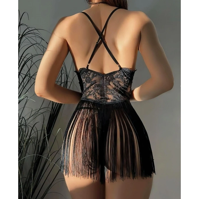 HERŞEYTREND  Siyah Püsküllü Dantel Detaylı Fantezi Gecelik