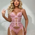 HERŞEYTREND  Kalp Aksesuarlı Dantelli Fantezi Pembe Jartiyer Takım