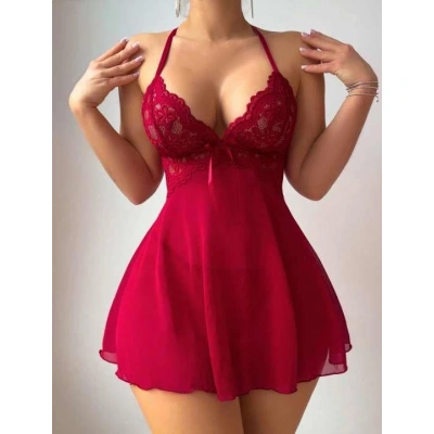 HERŞEYTREND  Bordo Dantel İşlemeli Boyundan Bağlamalı Likralı Fantezi Tül Gecelik