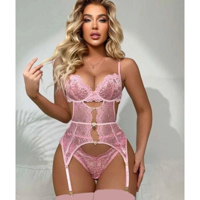 HERŞEYTREND  Kalp Aksesuarlı Dantelli Fantezi Pembe Jartiyer Takım