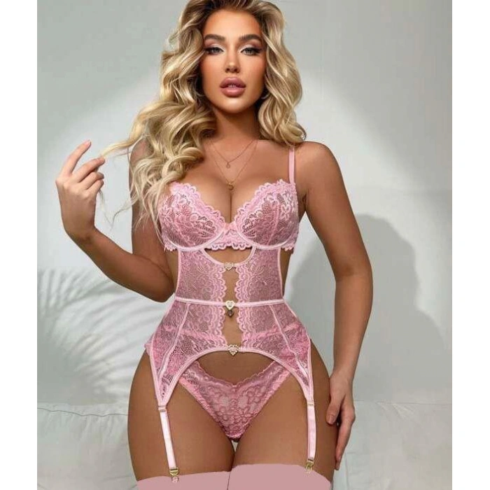 HERŞEYTREND  Kalp Aksesuarlı Dantelli Fantezi Pembe Jartiyer Takım