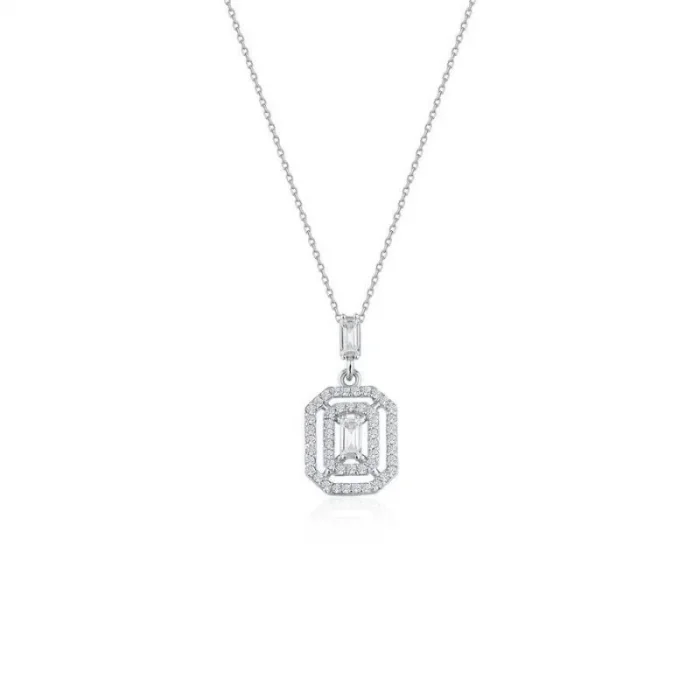 Beyaz Altın Baget Çerçeveli Kolye 14 Ayar