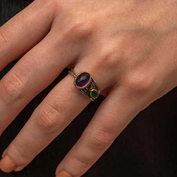 Gümüş Ametist Taşlı Zümrüt Otantik Ayarlanabilir Kadın Yüzük