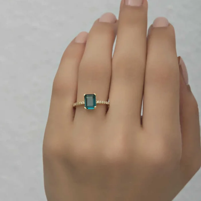 Gümüş Gold Yeşil Baget Taşlı Kadın Yüzük