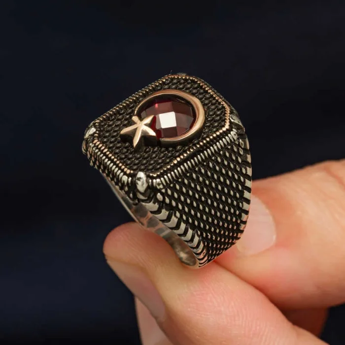 Gümüş Kırmızı Taşlı Ay Yıldız Erkek Yüzük