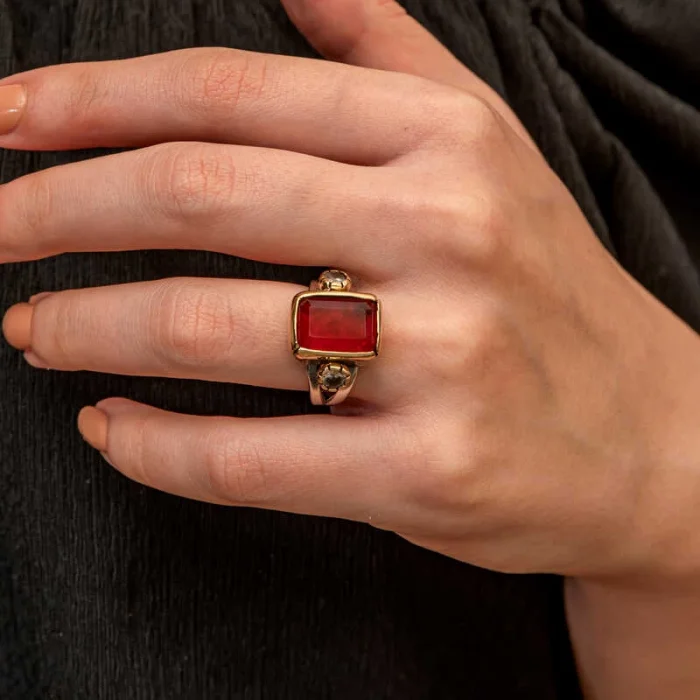 Gümüş Kırmızı Zirkon Taşlı Otantik Kadın Yüzük