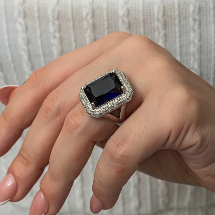 Gümüş Lacivert Zirkon Taşlı Kadın Yüzük