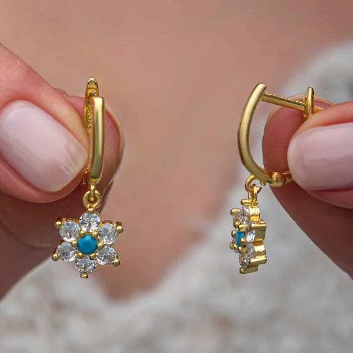 Gümüş Mavi Taşlı Gold Çiçek Kadın Set