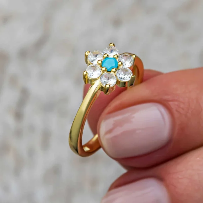 Gümüş Mavi Taşlı Gold Çiçek Kadın Set