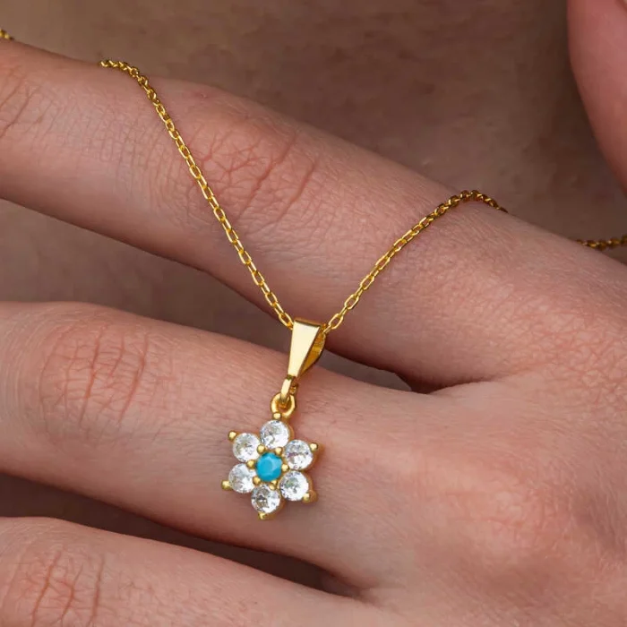 Gümüş Mavi Taşlı Gold Çiçek Kadın Set