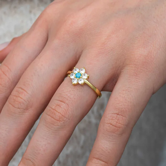 Gümüş Mavi Taşlı Gold Çiçek Kadın Yüzük