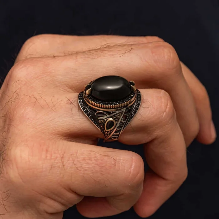 Gümüş Oniks Taşlı Erkek Yüzük