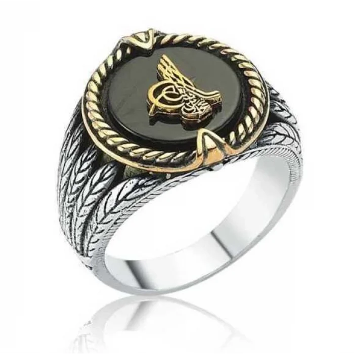 Gümüş Siyah Taşlı Tuğralı Erkek Yüzük