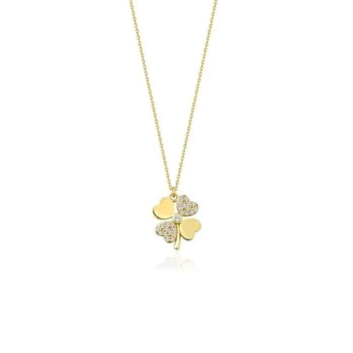 İki Yaprak Taşlı Yonca Kolye 14 Ayar