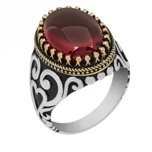 Gümüş Kırmızı Zirkon Taşlı Erkek Yüzük