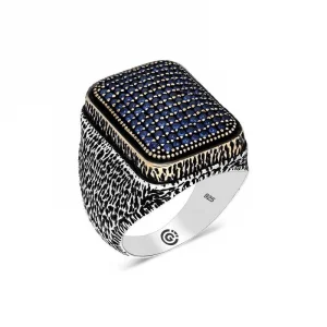Gümüş Lacivert Zirkon Taşlı Kare Erkek Yüzük