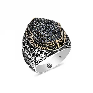 Gümüş Siyah Zirkon Taşlı Oval Erkek Yüzük