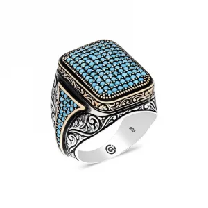 Gümüş Turkuaz Zirkon Taşlı Kare Erkek Yüzük