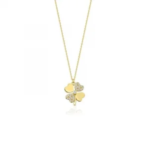 İki Yaprak Taşlı Yonca Kolye 14 Ayar