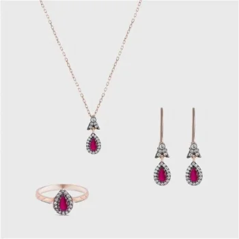 Yakut Renkli Taşlı 14 Ayar Set