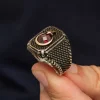 Gümüş Kırmızı Taşlı Ay Yıldız Erkek Yüzük