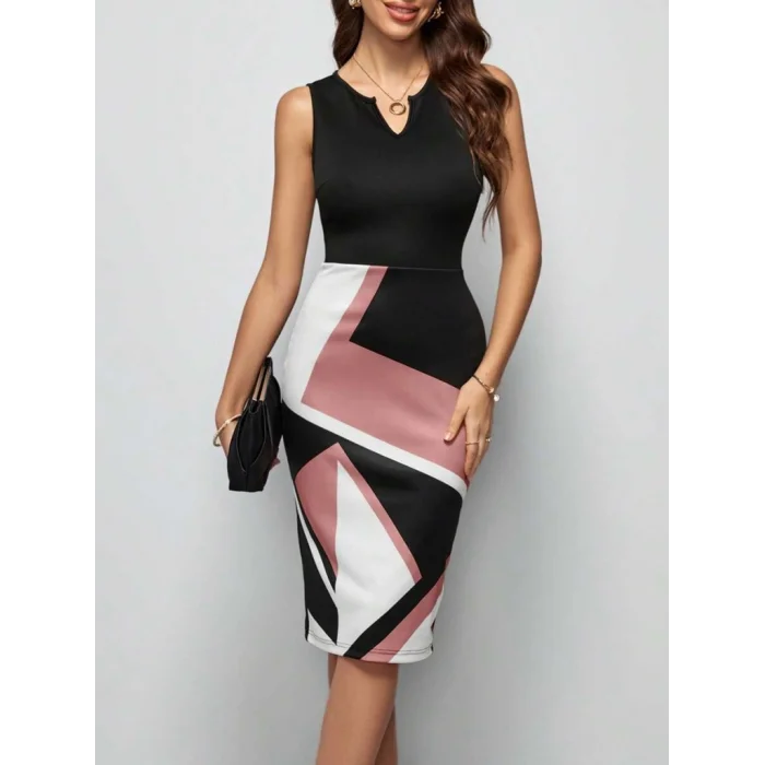 Kadın Kolsuz V Yakalı Geometrik Desenli Midi Dalgıç Elbise
