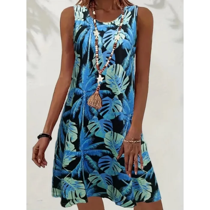 Kadın Mavi Yaprak Baskılı Askılı Süprem Elbise