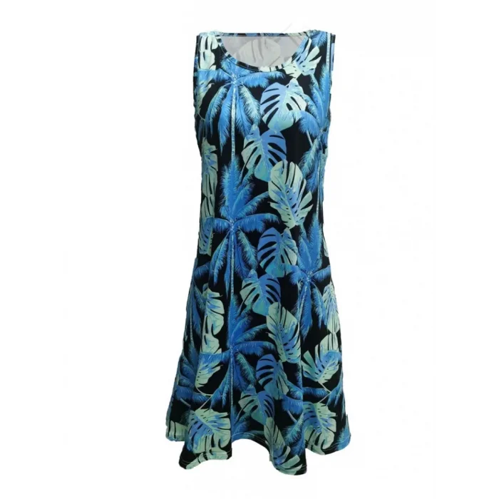 Kadın Mavi Yaprak Baskılı Askılı Süprem Elbise