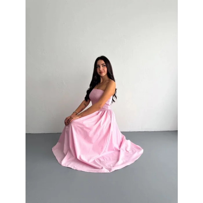 Straplez Pileli Elbise - Pembe