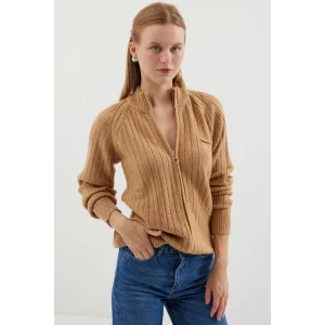 15880 Fermuarlı Triko Hırka - Bisküvi