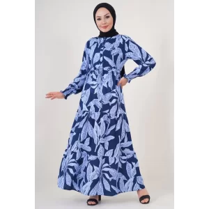 2145 Desenli Tesettür Elbise - Lacivert
