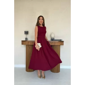 Bordo Halter Yaka Kloş Elbise