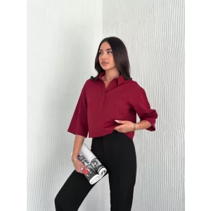 Crop Yakalı Gömlek Üç Çeyrek Sleeve Kol - Bordo