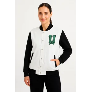 İki İplik Nakış İşlemeli Kolej Ceket - Beyaz