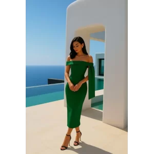 Kadın Dalgıç Krep Kumaş Madonna Yaka Midi Boy Elbise