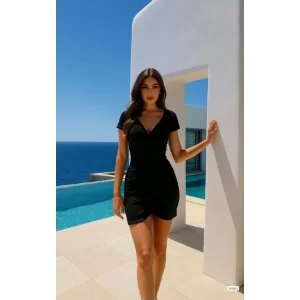 Kadın Dalgıç Krep Kumaş V Yaka Kısa Kollu Mini Boy Elbise