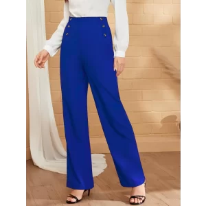 Kadın Düğme Detay Bol Paça Ithal Krep Pantolon