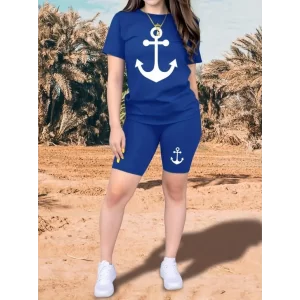 Kadın Kısa Kollu çapa Baskılı Viskon Ikili Takım