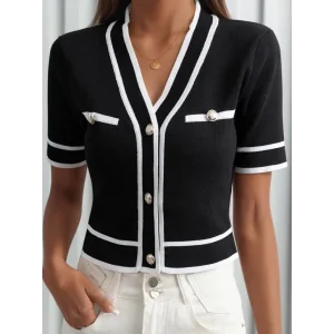 Kadın Kısa Kollu önden Düğmeli Triko Bluz