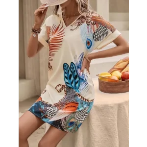 Kadın Kısa Kollu V Yakalı Desenli Mini Atlas Elbise