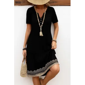 Kadın Kısa Kollu V Yakalı Etek Ucu Desenli Viskon Elbise