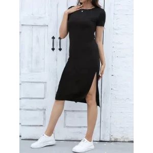 Kadın Kısa Kollu Yanı Yırtmaçlı Bisiklet Yaka Dizde Viskon Elbise