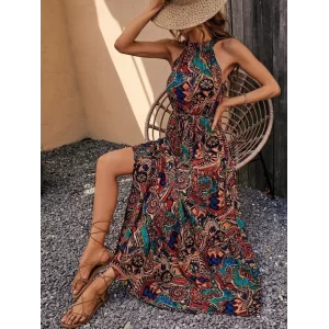 Kadın Kolsuz Halter Yaka Beli Lastikliotantik Desenli Mikro Kumaş Elbise