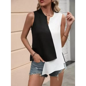 Kadın Kolsuz V Yakalı Blok Renkli Ithal Krep Bluz