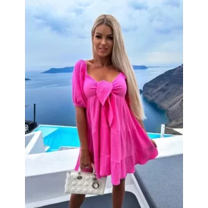 Kadın Müslin Kumaş Fiyon Detay Mini Elbise