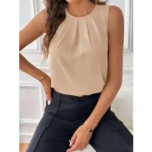 Kadın Sıfır Kollu Bisiklet Yaka önden Pileli Ithal Krep Bluz